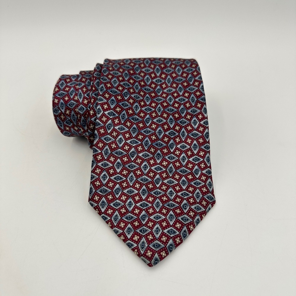 Van Heusen Tie Mens Red Blue Geometric Diamond Pattern Silk Classic Necktie